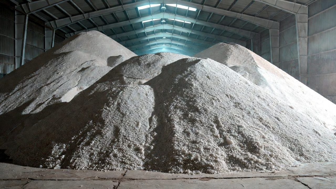 Pryzmy soli drogowej w magazynie