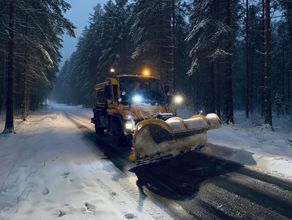 Piaskarka rozsypująca sól na drodze